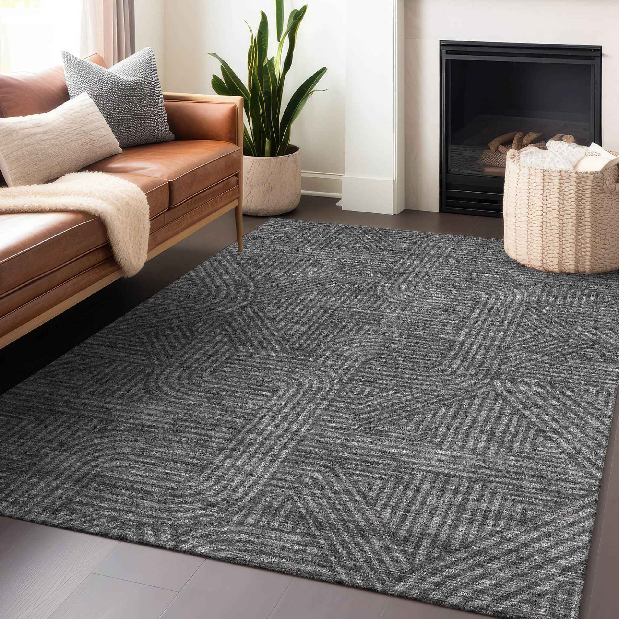 5' X 8' Charcoal And Gray Abstract Washable Indoor Outdoor Area Rug