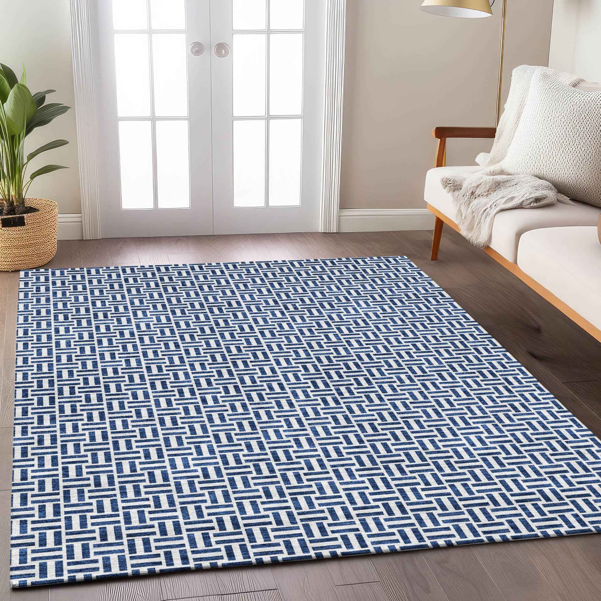 10' X 14' Navy Blue And Gray Geometric Washable Indoor Outdoor Area Rug