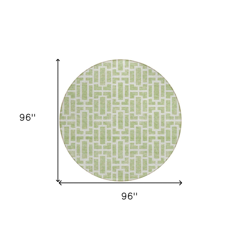 8' Artichoke Green And Ivory Round Geometric Washable Indoor Outdoor Area Rug