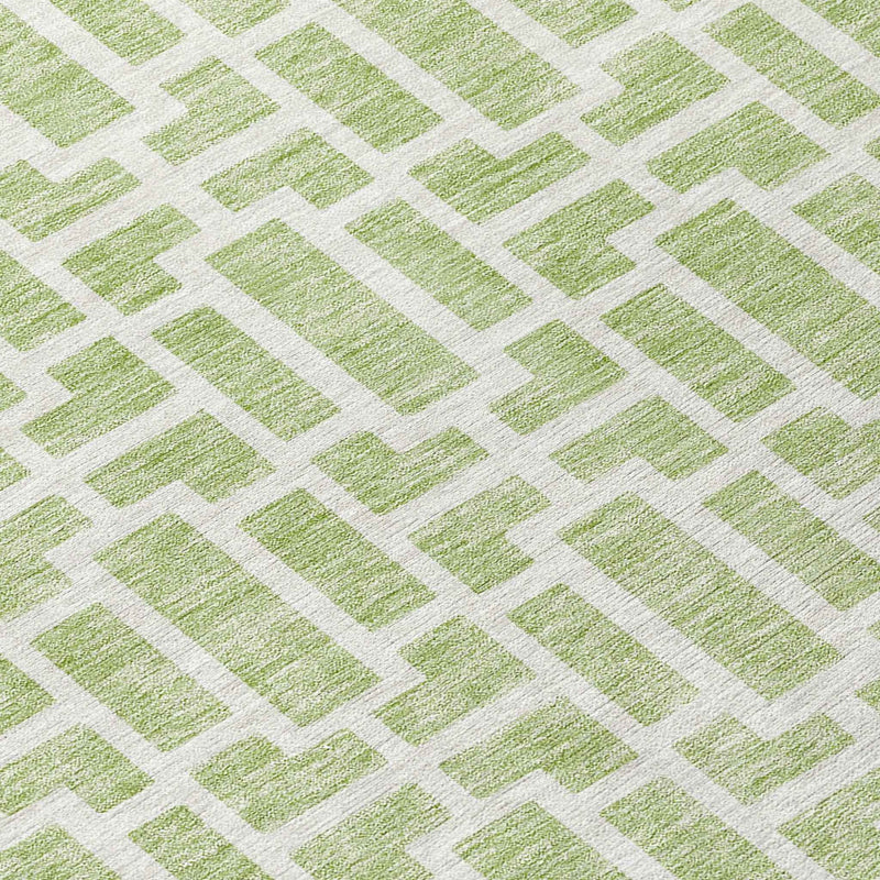 8' Artichoke Green And Ivory Round Geometric Washable Indoor Outdoor Area Rug