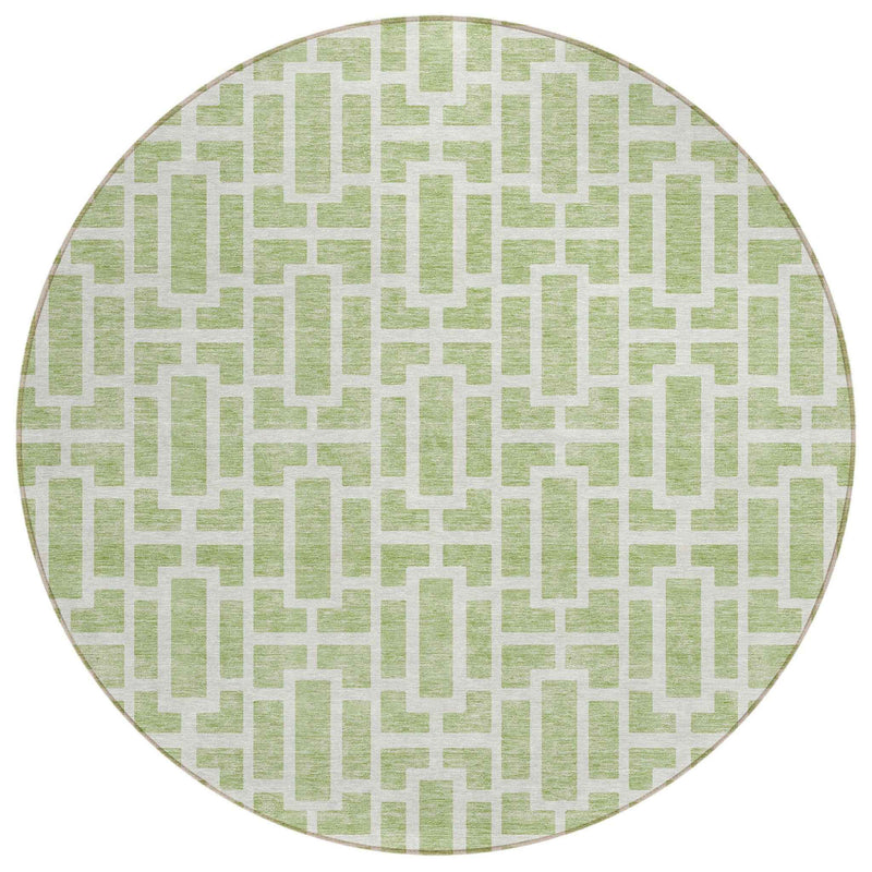 8' Artichoke Green And Ivory Round Geometric Washable Indoor Outdoor Area Rug