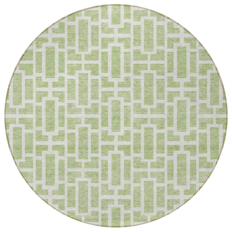 8' Artichoke Green And Ivory Round Geometric Washable Indoor Outdoor Area Rug