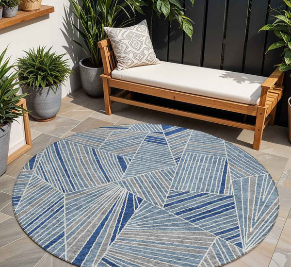 8' Denim Blue Gray And Ivory Round Geometric Washable Indoor Outdoor Area Rug