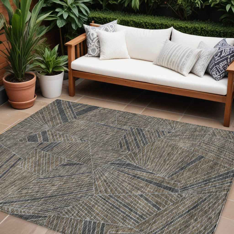 9' X 12' Brown Black And Gray Geometric Washable Indoor Outdoor Area Rug