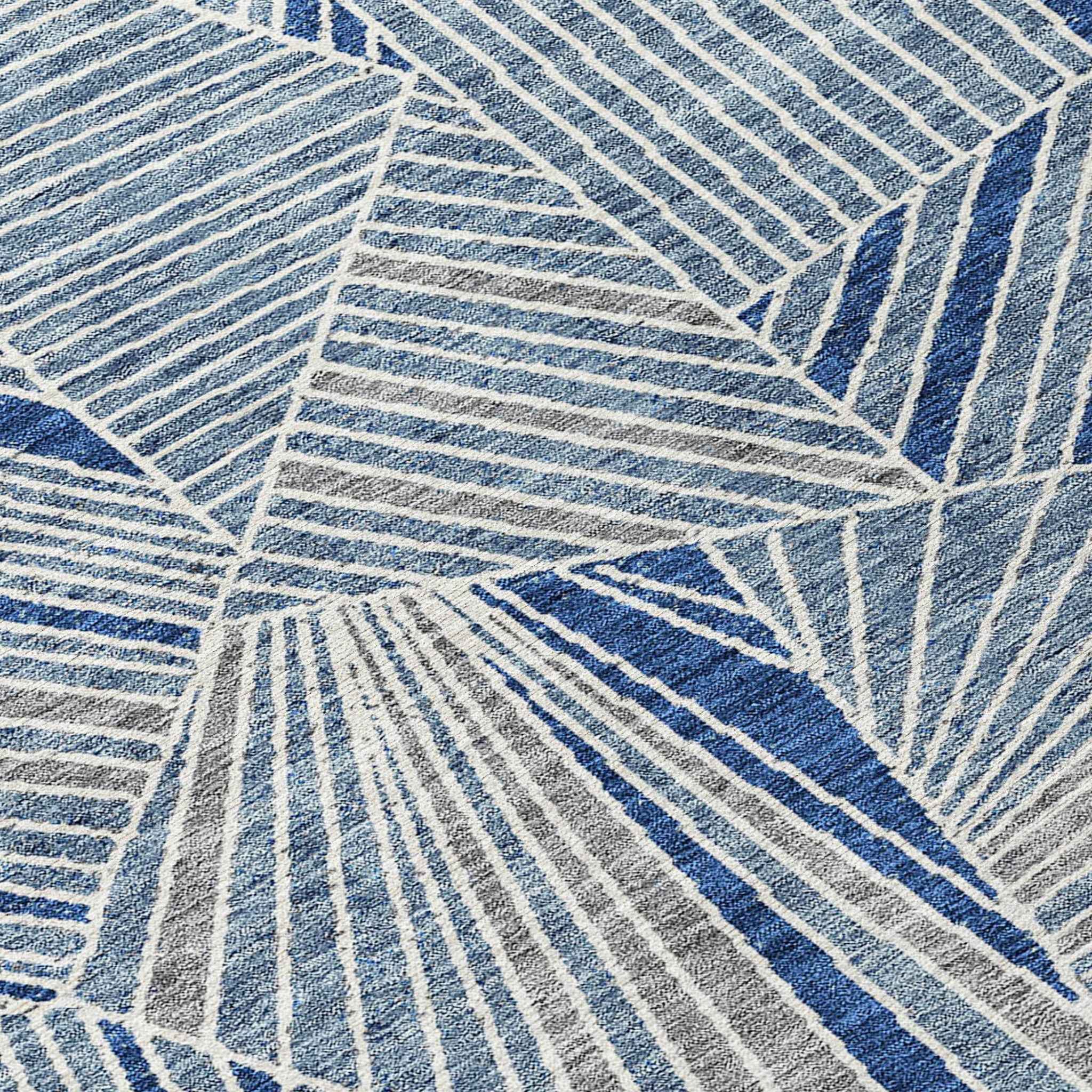 8' Denim Blue Gray And Ivory Round Geometric Washable Indoor Outdoor Area Rug