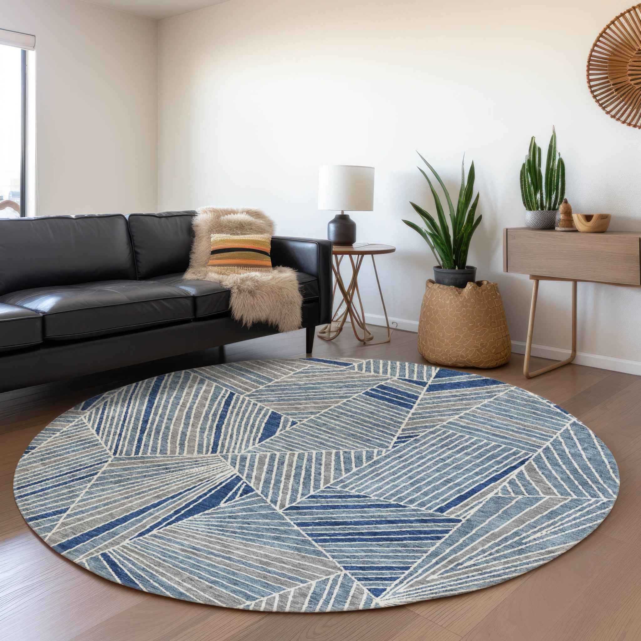 8' Denim Blue Gray And Ivory Round Geometric Washable Indoor Outdoor Area Rug