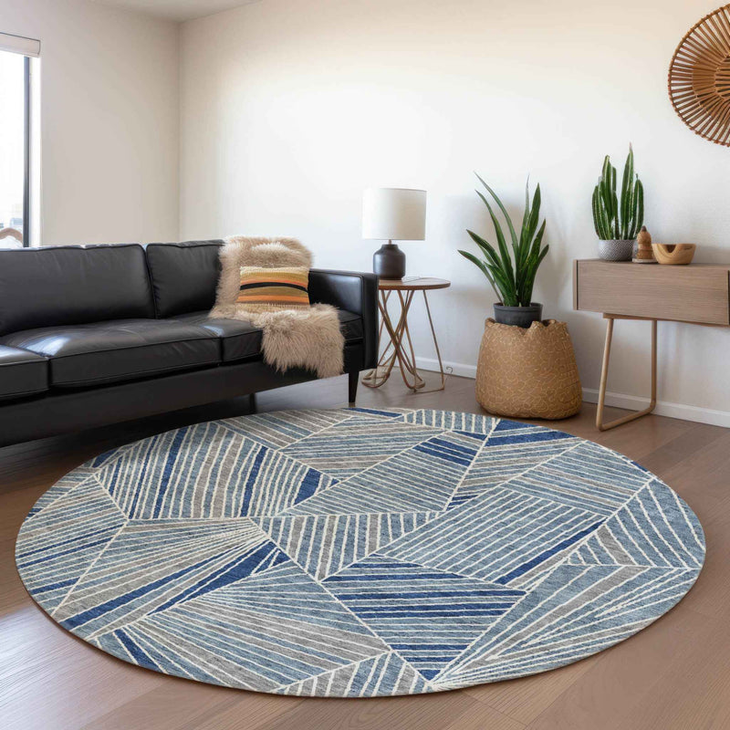 8' Denim Blue Gray And Ivory Round Geometric Washable Indoor Outdoor Area Rug