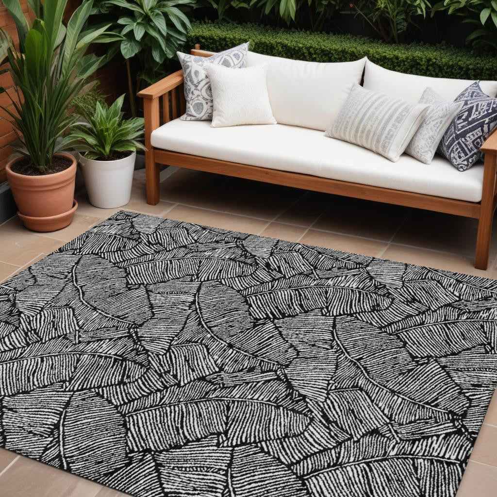 10' X 14' Black And Ivory Floral Washable Indoor Outdoor Area Rug