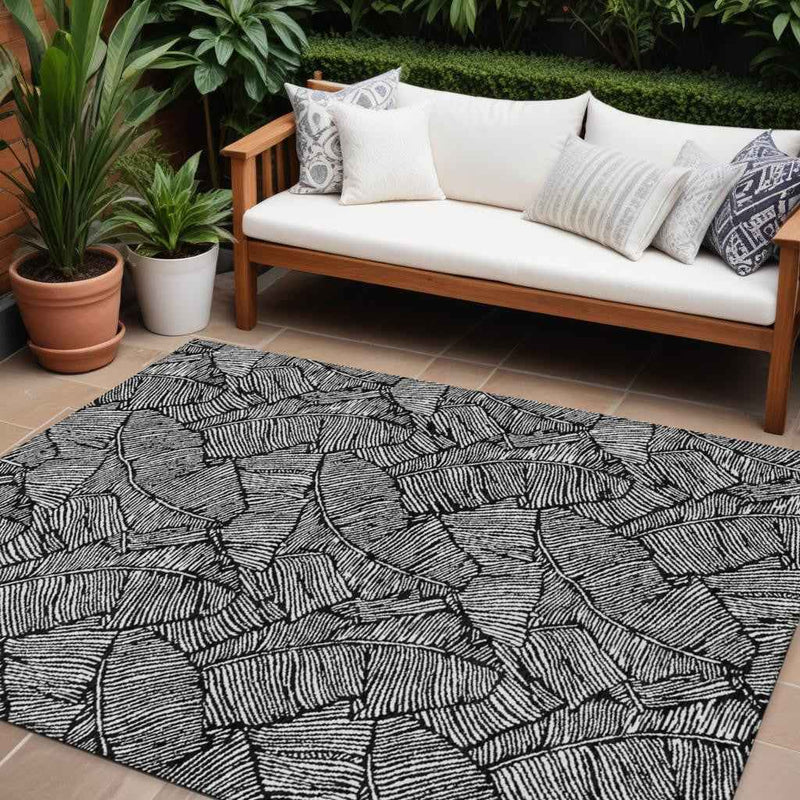 10' X 14' Black And Ivory Floral Washable Indoor Outdoor Area Rug