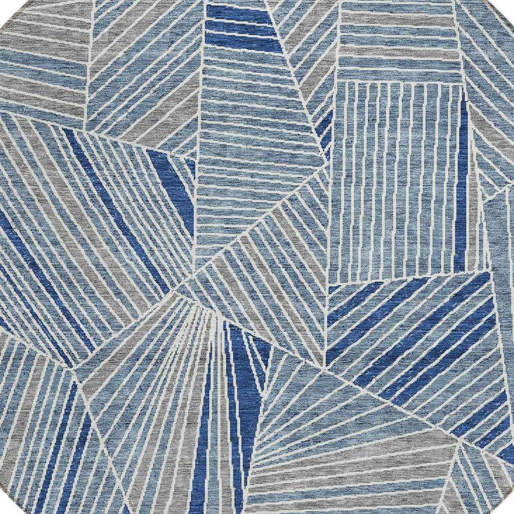 8' Denim Blue Gray And Ivory Round Geometric Washable Indoor Outdoor Area Rug