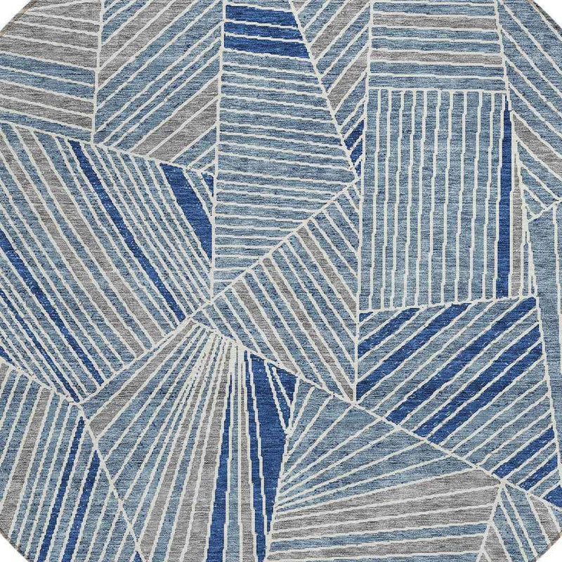 8' Denim Blue Gray And Ivory Round Geometric Washable Indoor Outdoor Area Rug