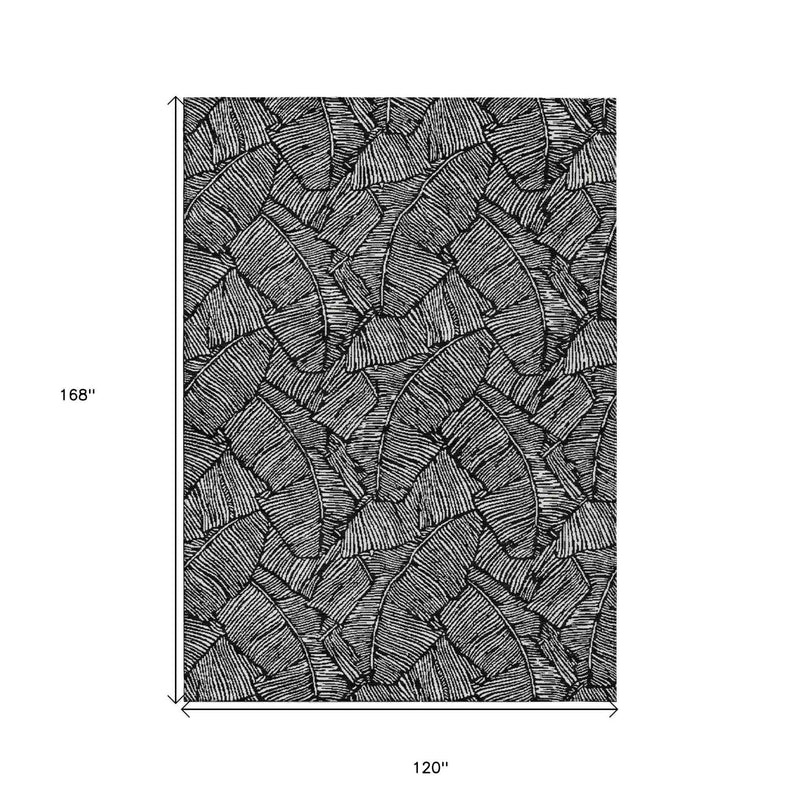 10' X 14' Black And Ivory Floral Washable Indoor Outdoor Area Rug