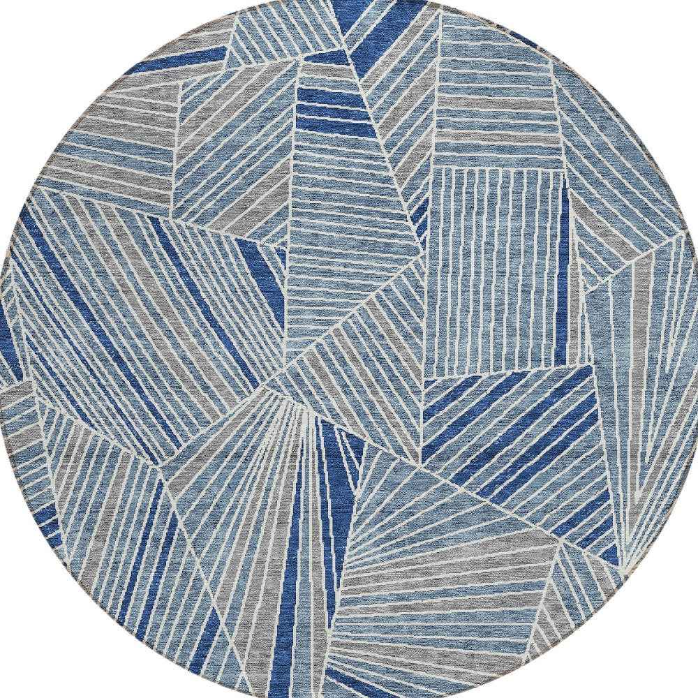 8' Denim Blue Gray And Ivory Round Geometric Washable Indoor Outdoor Area Rug