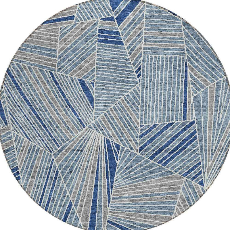 8' Denim Blue Gray And Ivory Round Geometric Washable Indoor Outdoor Area Rug