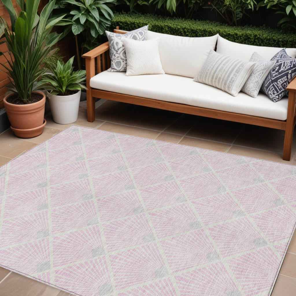 10' X 14' Pink Gray And Ivory Geometric Washable Indoor Outdoor Area Rug