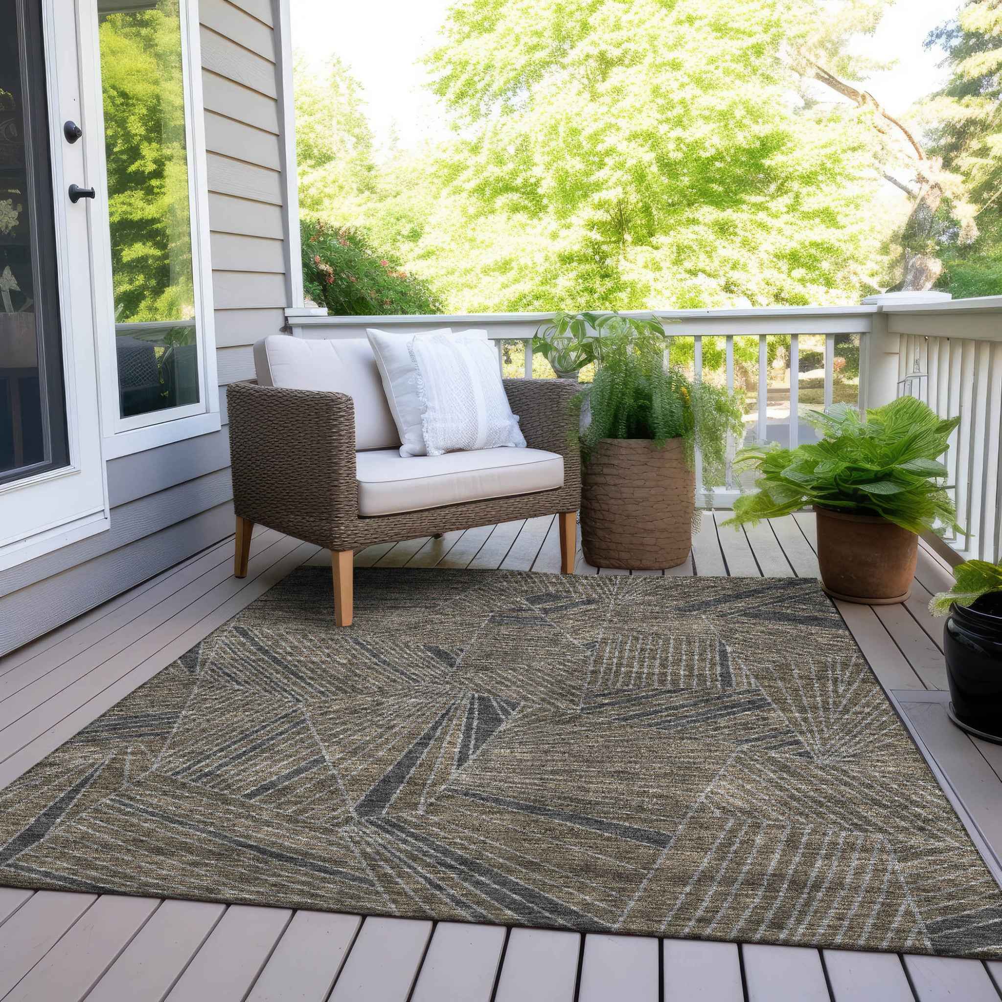 9' X 12' Brown Black And Gray Geometric Washable Indoor Outdoor Area Rug