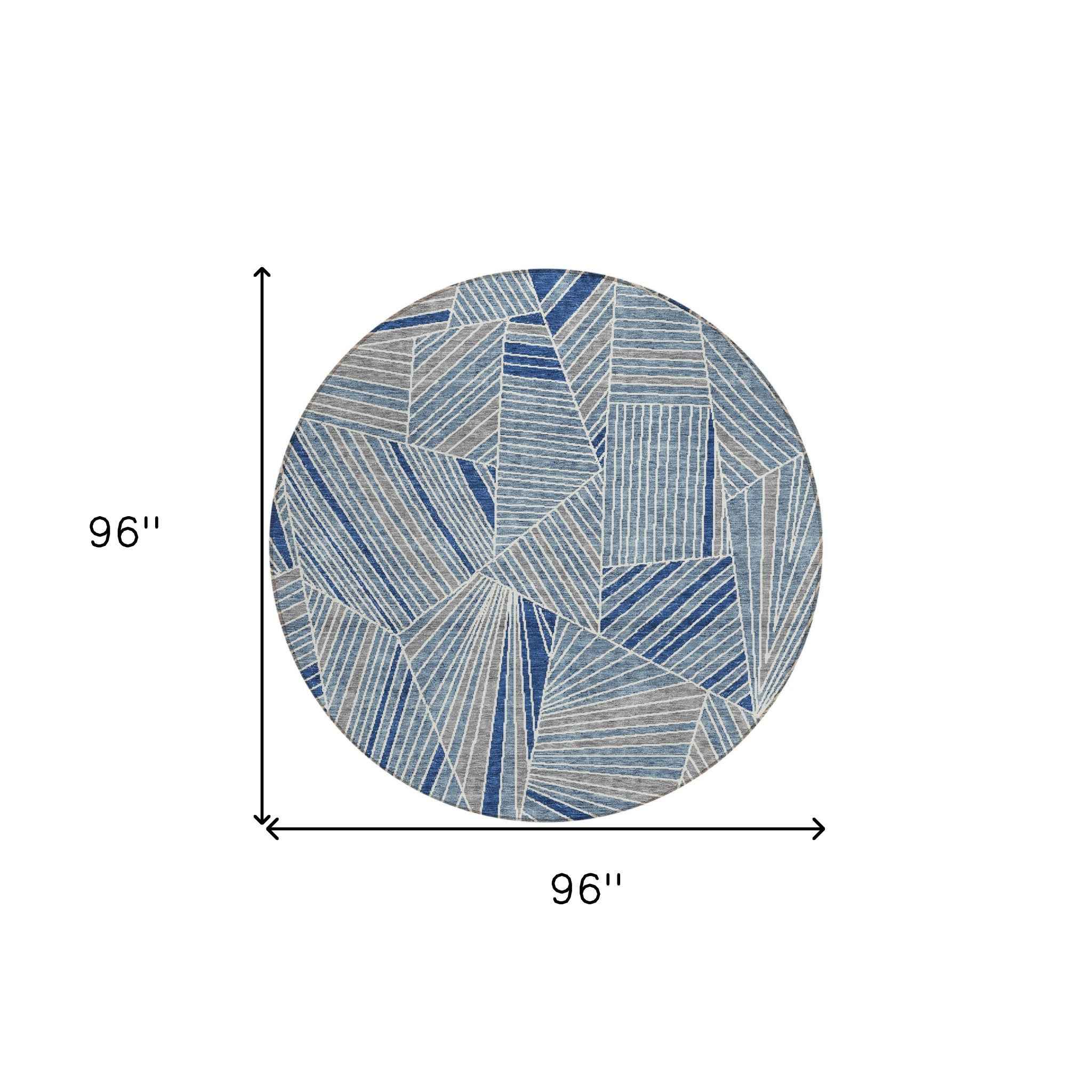 8' Denim Blue Gray And Ivory Round Geometric Washable Indoor Outdoor Area Rug