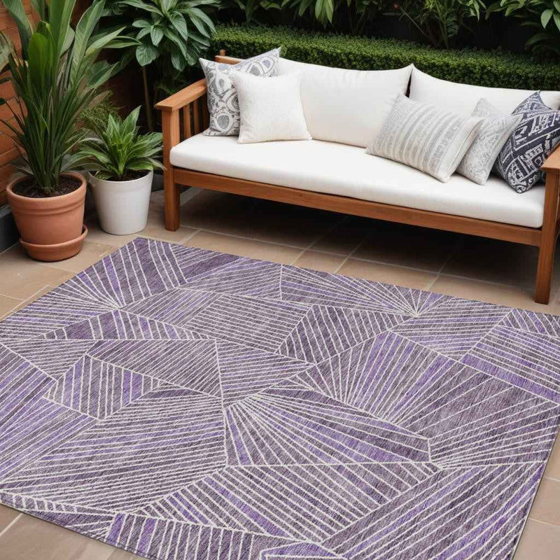 9' X 12' Purple And Ivory Geometric Washable Indoor Outdoor Area Rug