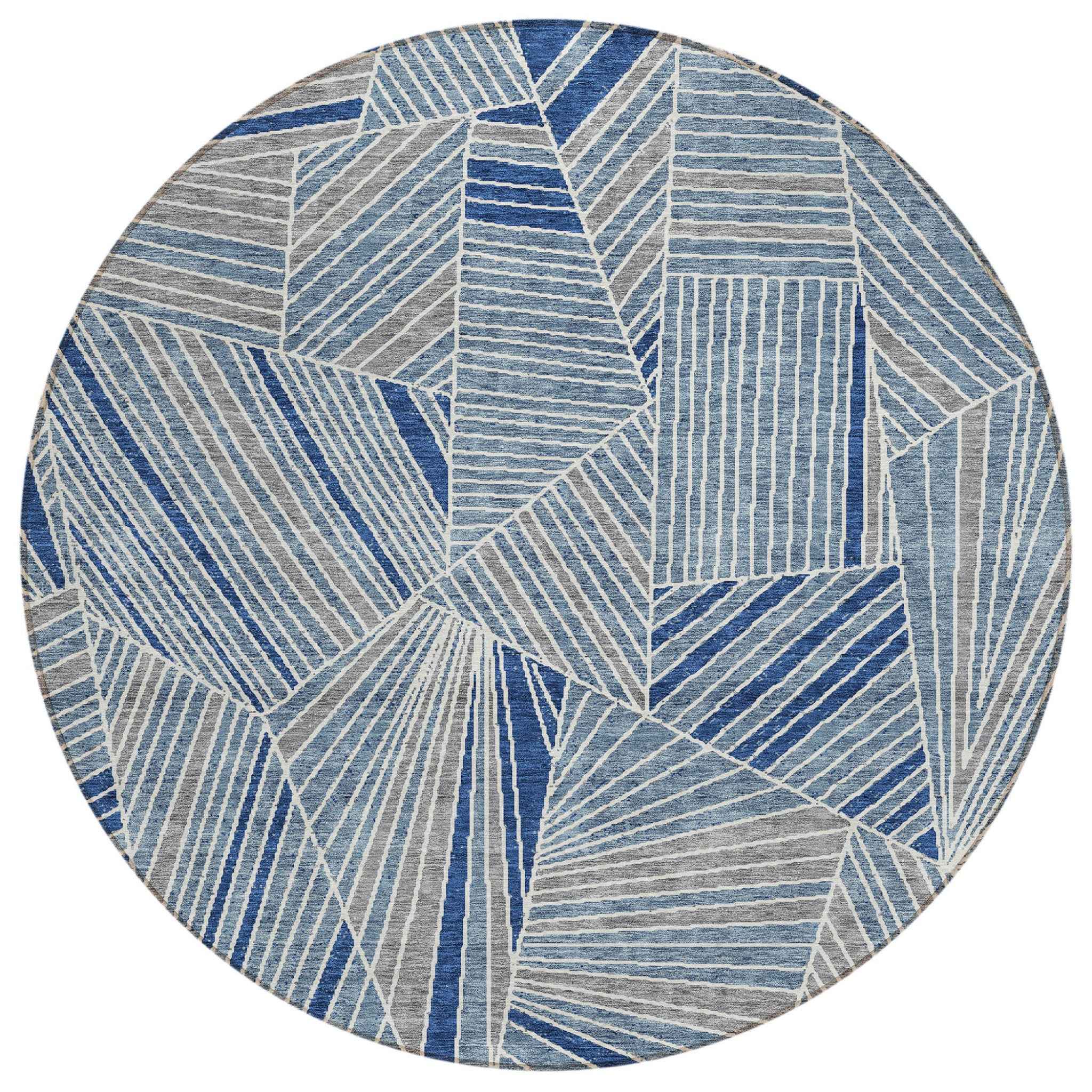 8' Denim Blue Gray And Ivory Round Geometric Washable Indoor Outdoor Area Rug