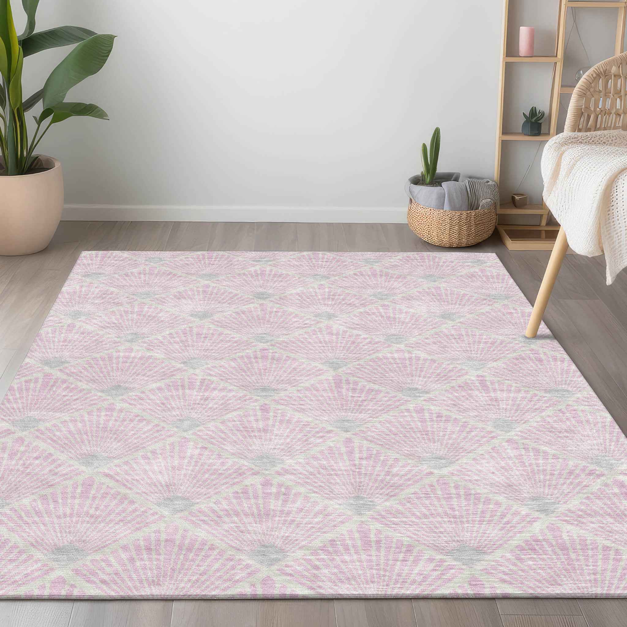 10' X 14' Pink Gray And Ivory Geometric Washable Indoor Outdoor Area Rug