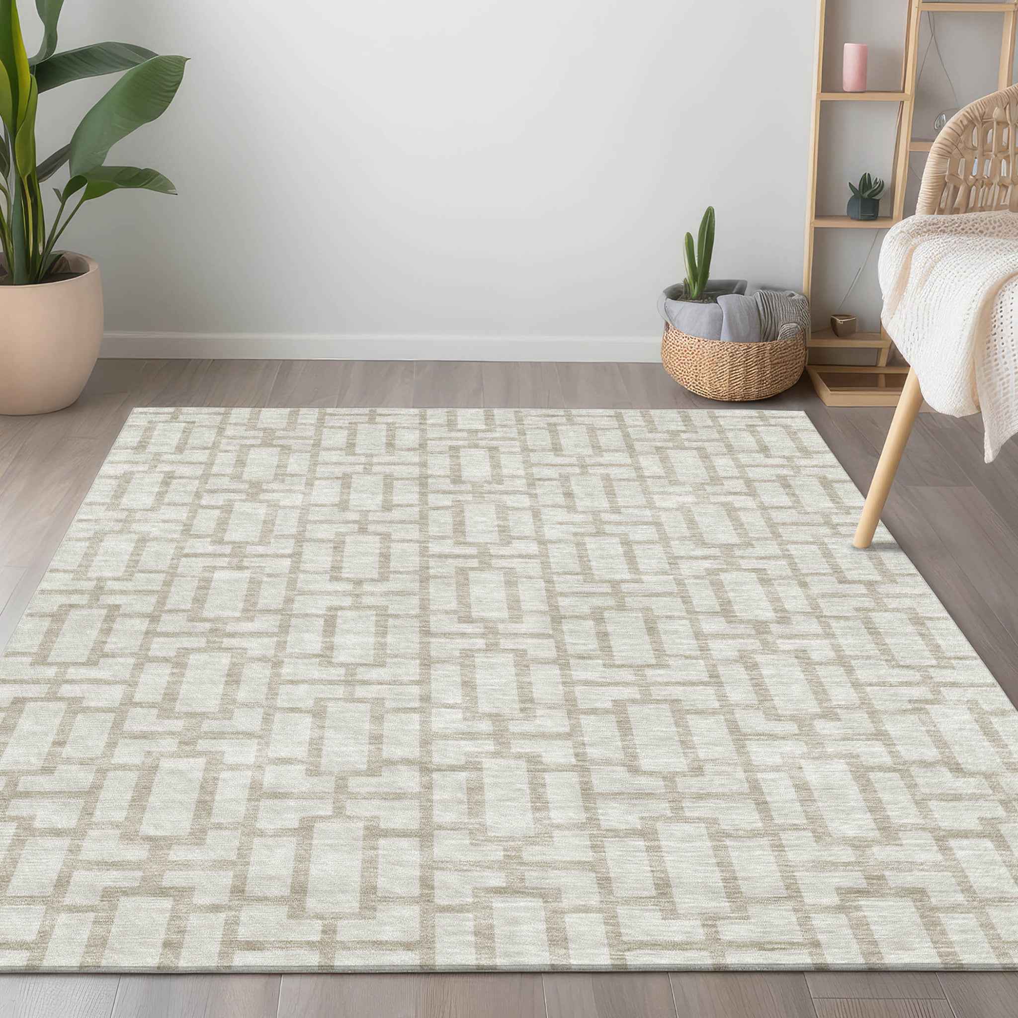 5' X 8' Ivory And Beige Geometric Washable Indoor Outdoor Area Rug