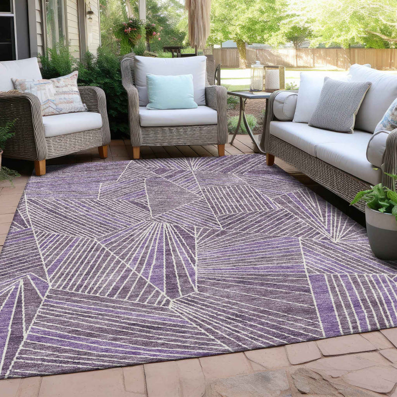 9' X 12' Purple And Ivory Geometric Washable Indoor Outdoor Area Rug