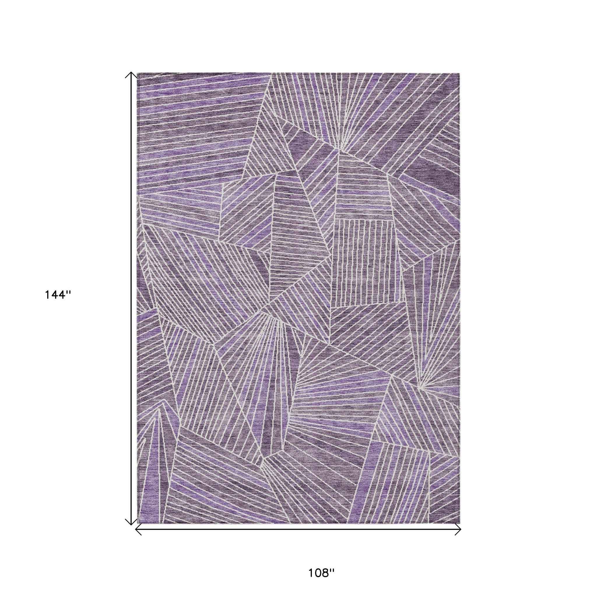 9' X 12' Purple And Ivory Geometric Washable Indoor Outdoor Area Rug