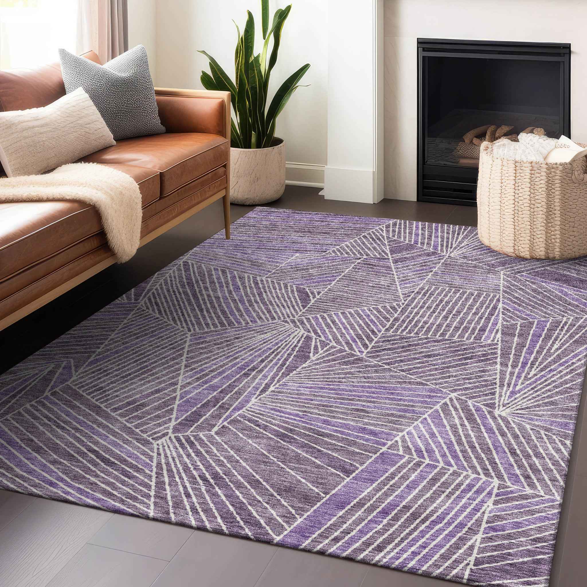 9' X 12' Purple And Ivory Geometric Washable Indoor Outdoor Area Rug
