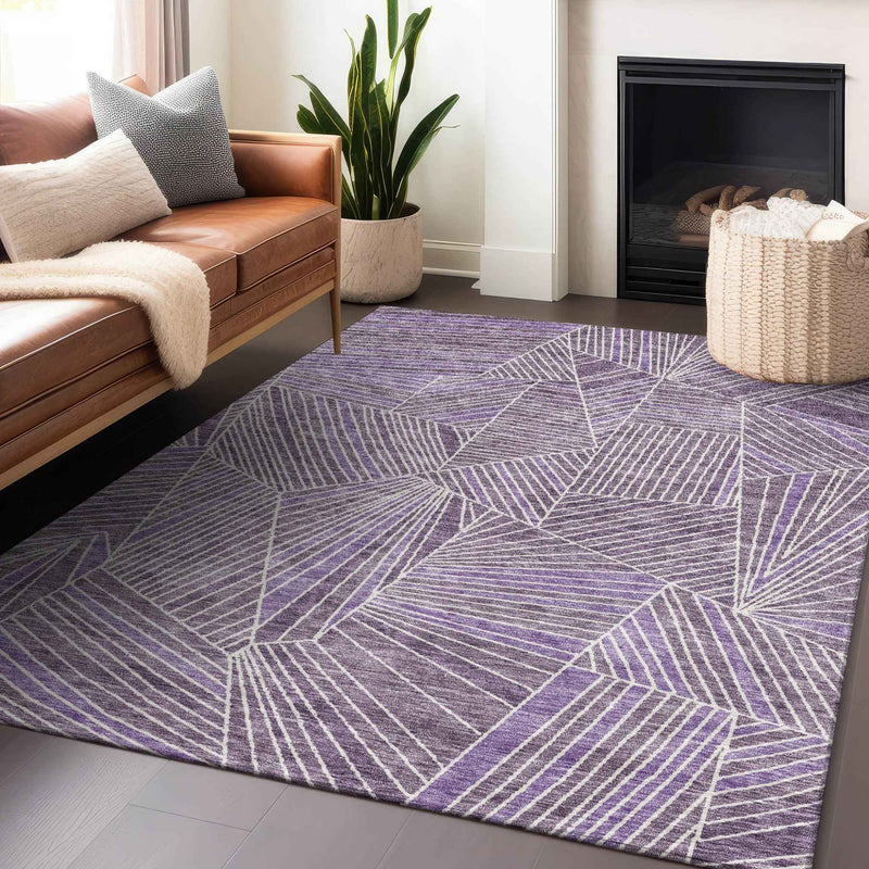 9' X 12' Purple And Ivory Geometric Washable Indoor Outdoor Area Rug