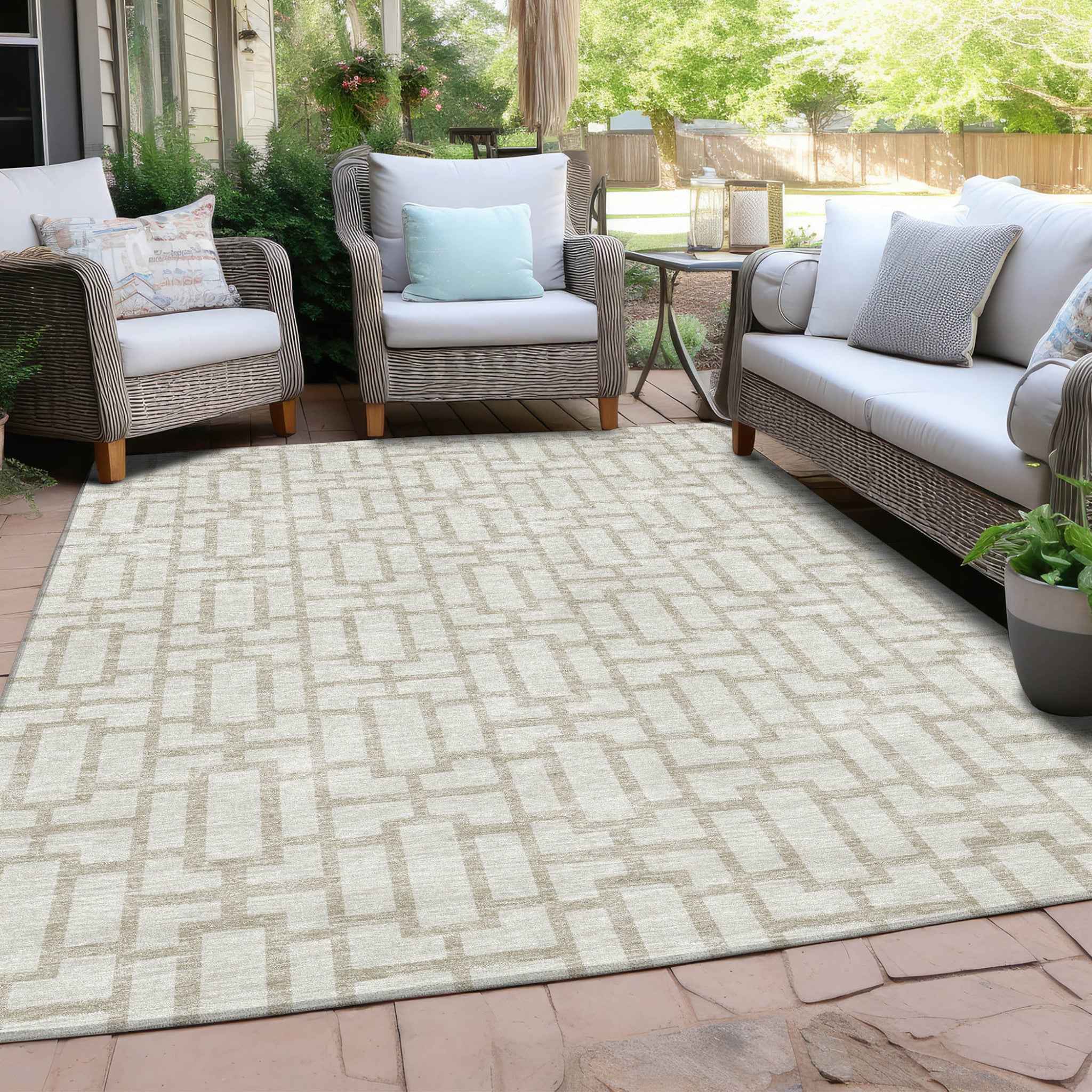 5' X 8' Ivory And Beige Geometric Washable Indoor Outdoor Area Rug