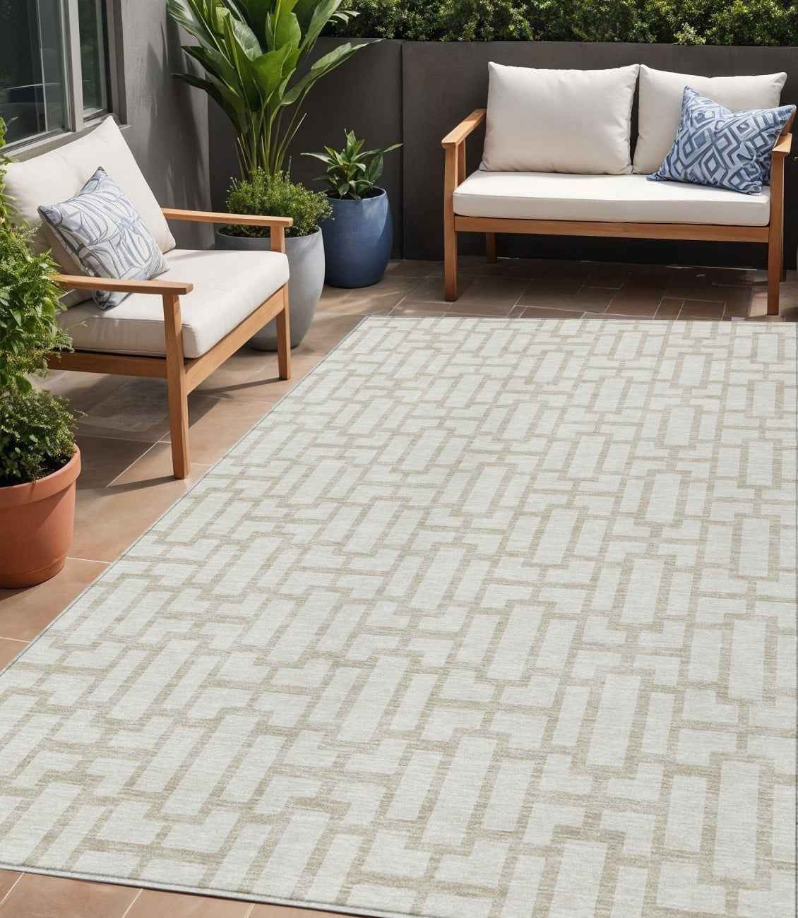 5' X 8' Ivory And Beige Geometric Washable Indoor Outdoor Area Rug