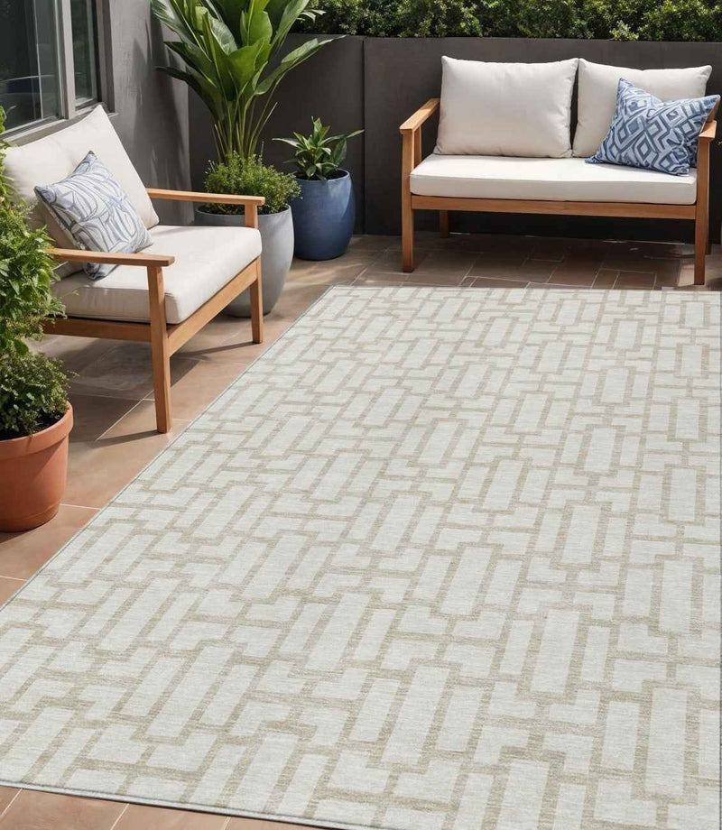 5' X 8' Ivory And Beige Geometric Washable Indoor Outdoor Area Rug