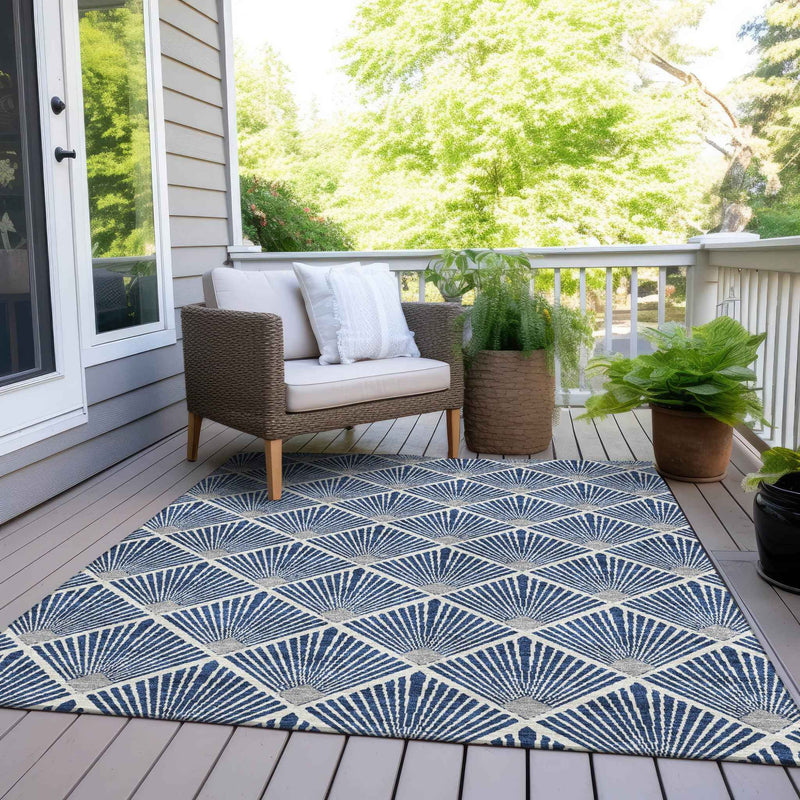 9' X 12' Navy Blue Gray And Ivory Geometric Washable Indoor Outdoor Area Rug