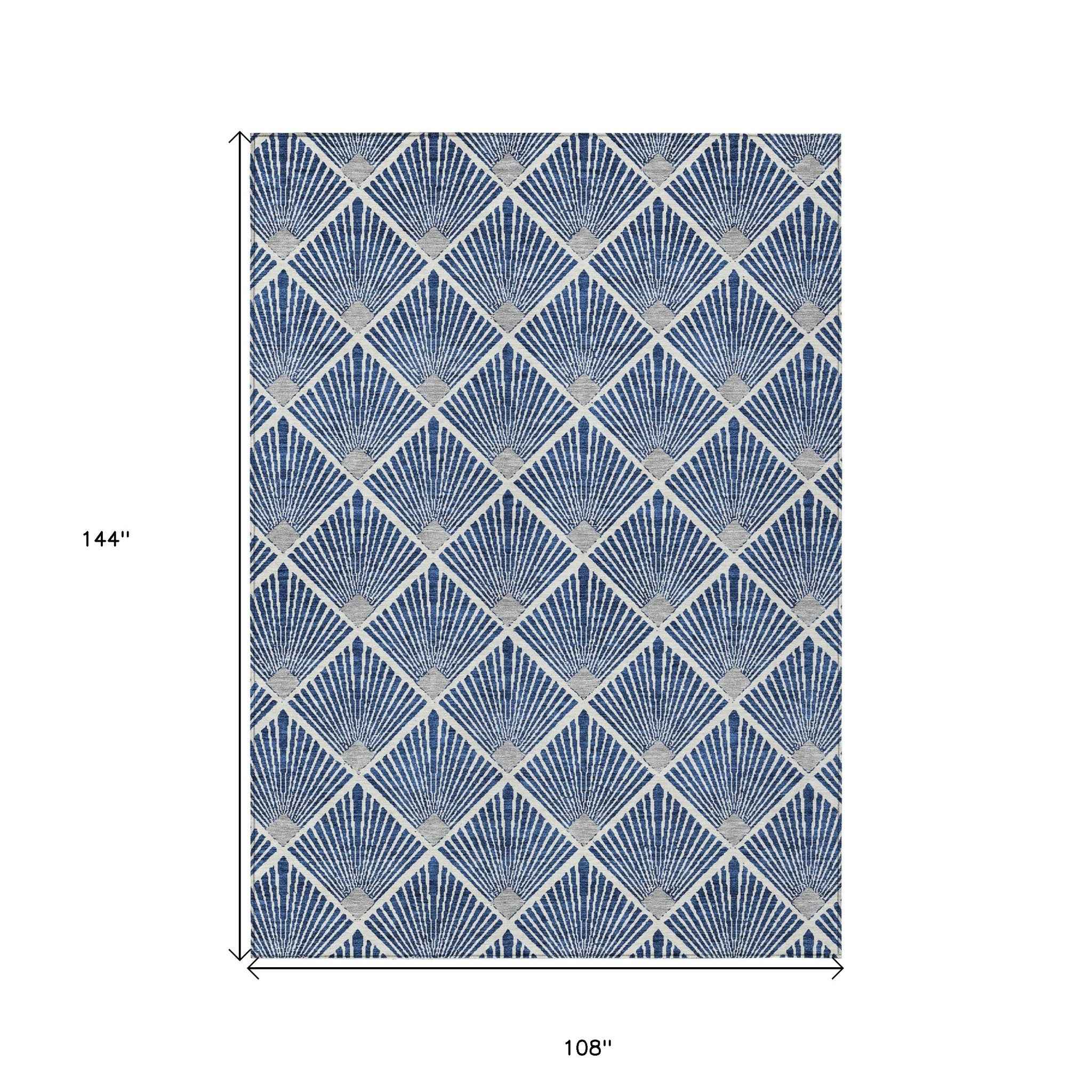 9' X 12' Navy Blue Gray And Ivory Geometric Washable Indoor Outdoor Area Rug