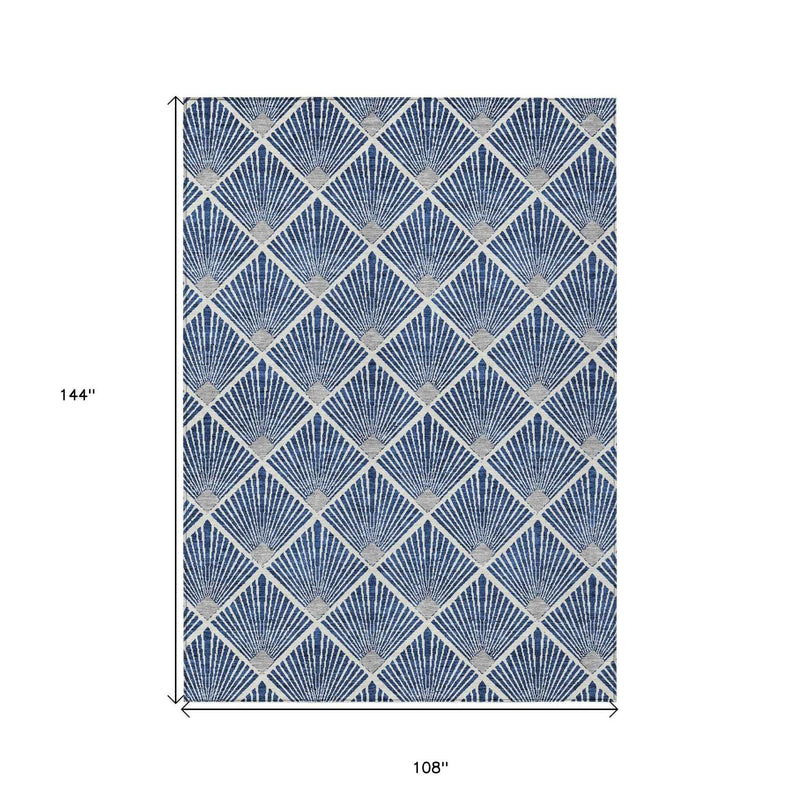 9' X 12' Navy Blue Gray And Ivory Geometric Washable Indoor Outdoor Area Rug
