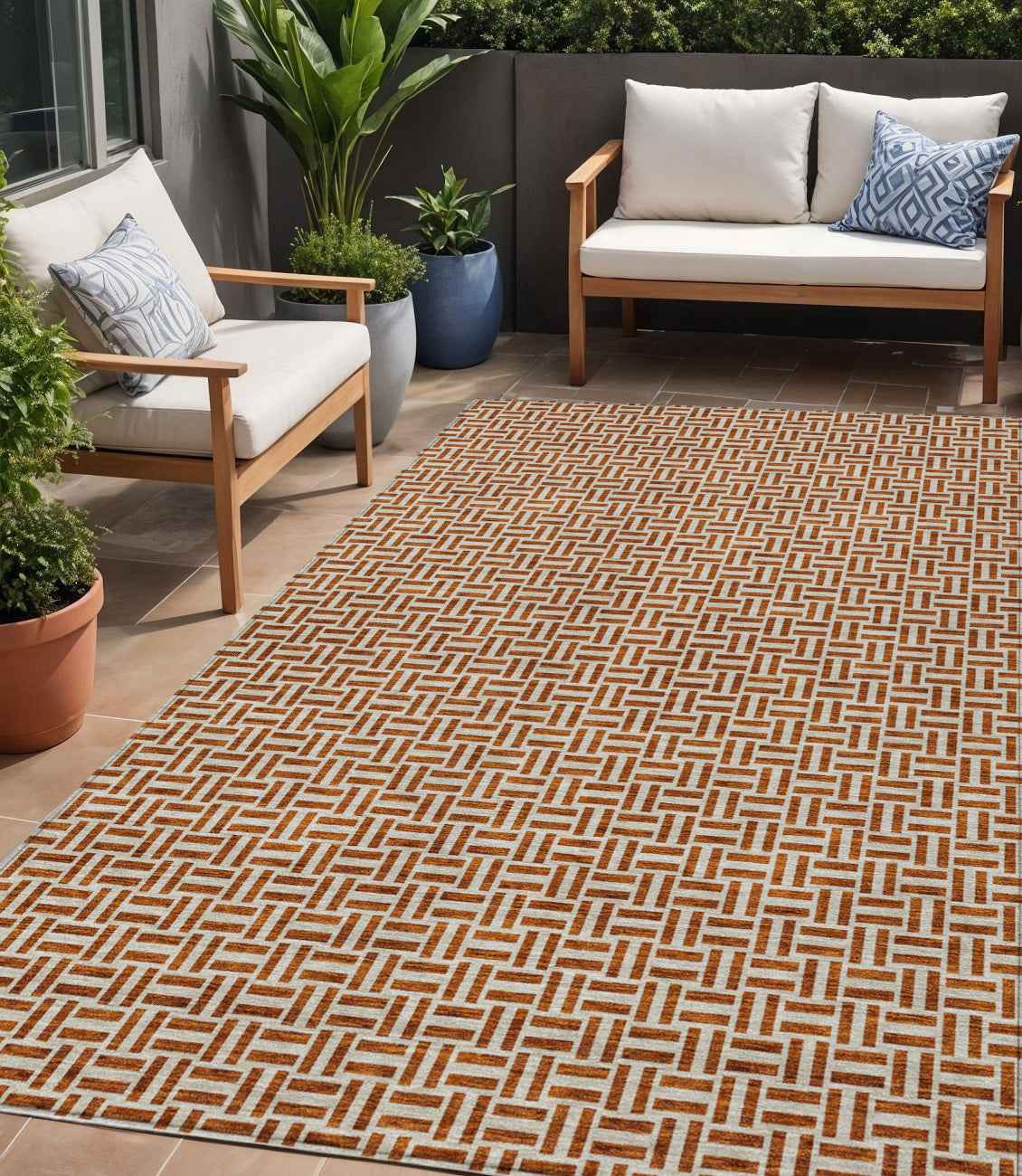 5' X 8' Copper And Beige Geometric Washable Indoor Outdoor Area Rug