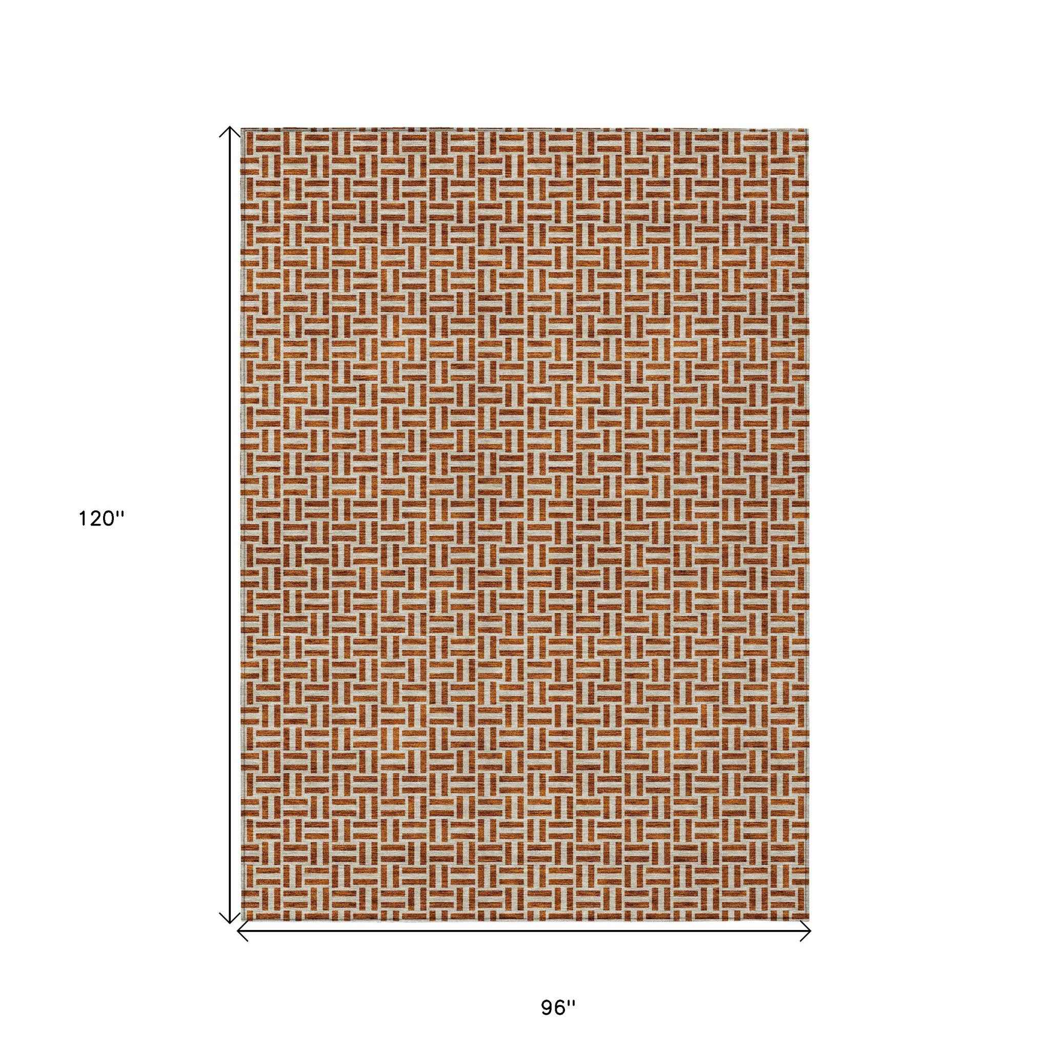 8' X 10' Copper And Beige Geometric Washable Indoor Outdoor Area Rug