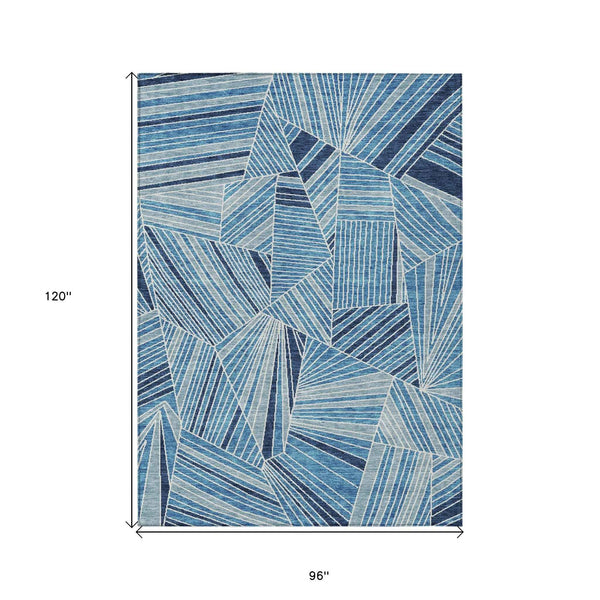 8' X 10' Blue And Teal Blue Geometric Washable Indoor Outdoor Area Rug