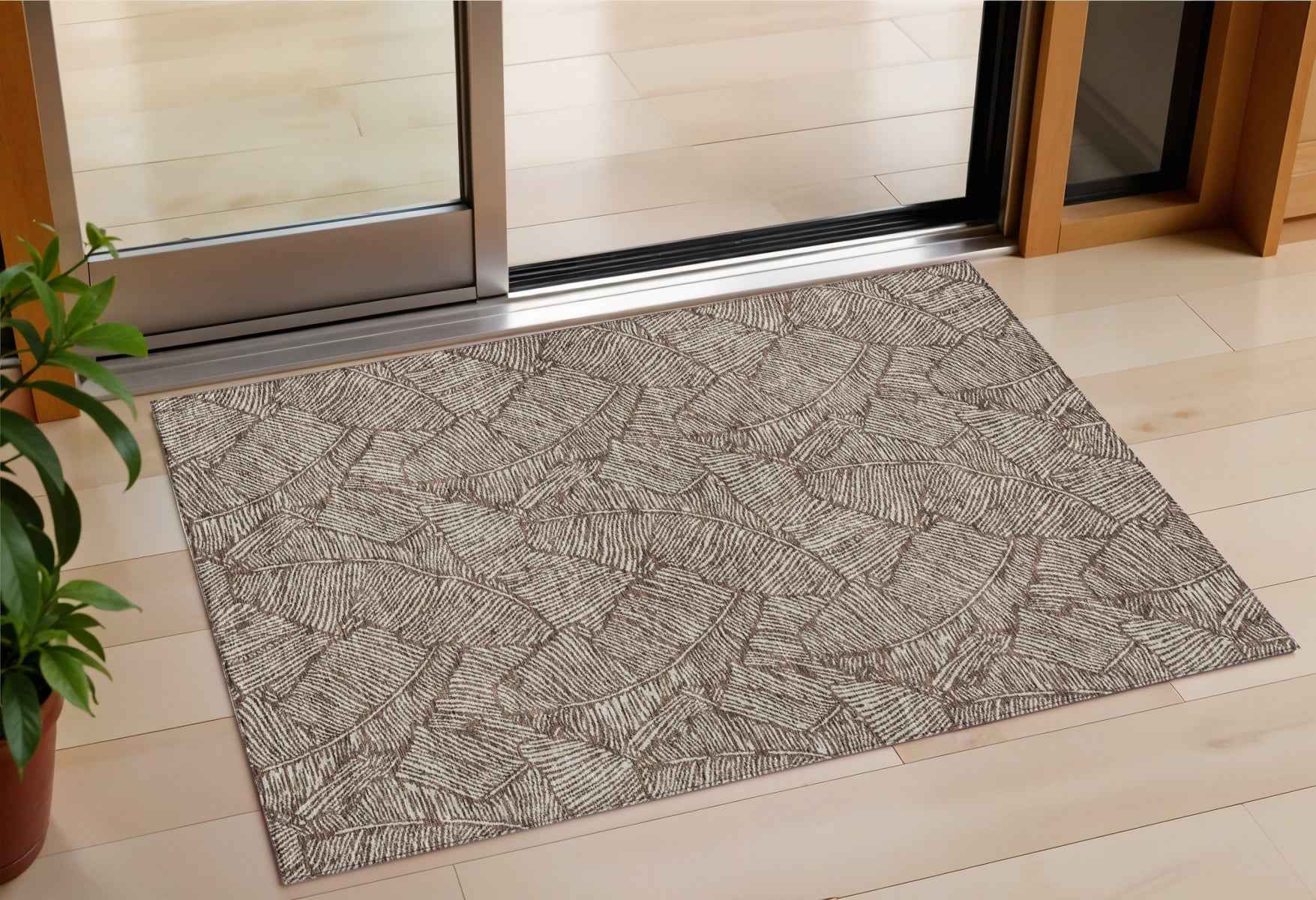 3' X 5' Brown And Beige Floral Washable Indoor Outdoor Area Rug