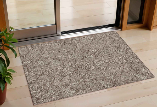 3' X 5' Brown And Beige Floral Washable Indoor Outdoor Area Rug