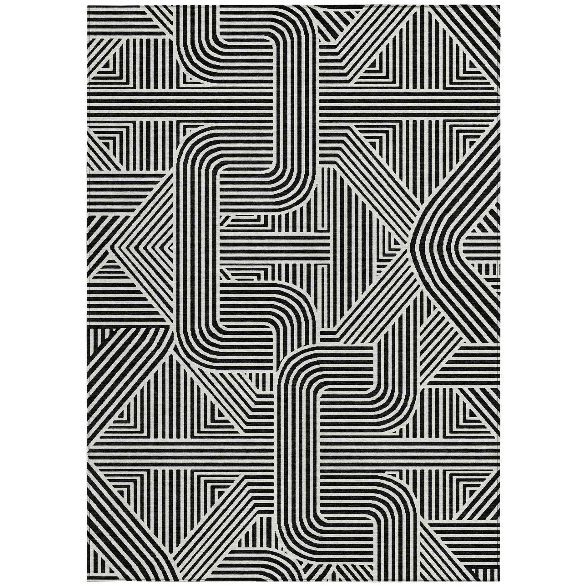 8' X 10' Black And Ivory Abstract Washable Indoor Outdoor Area Rug