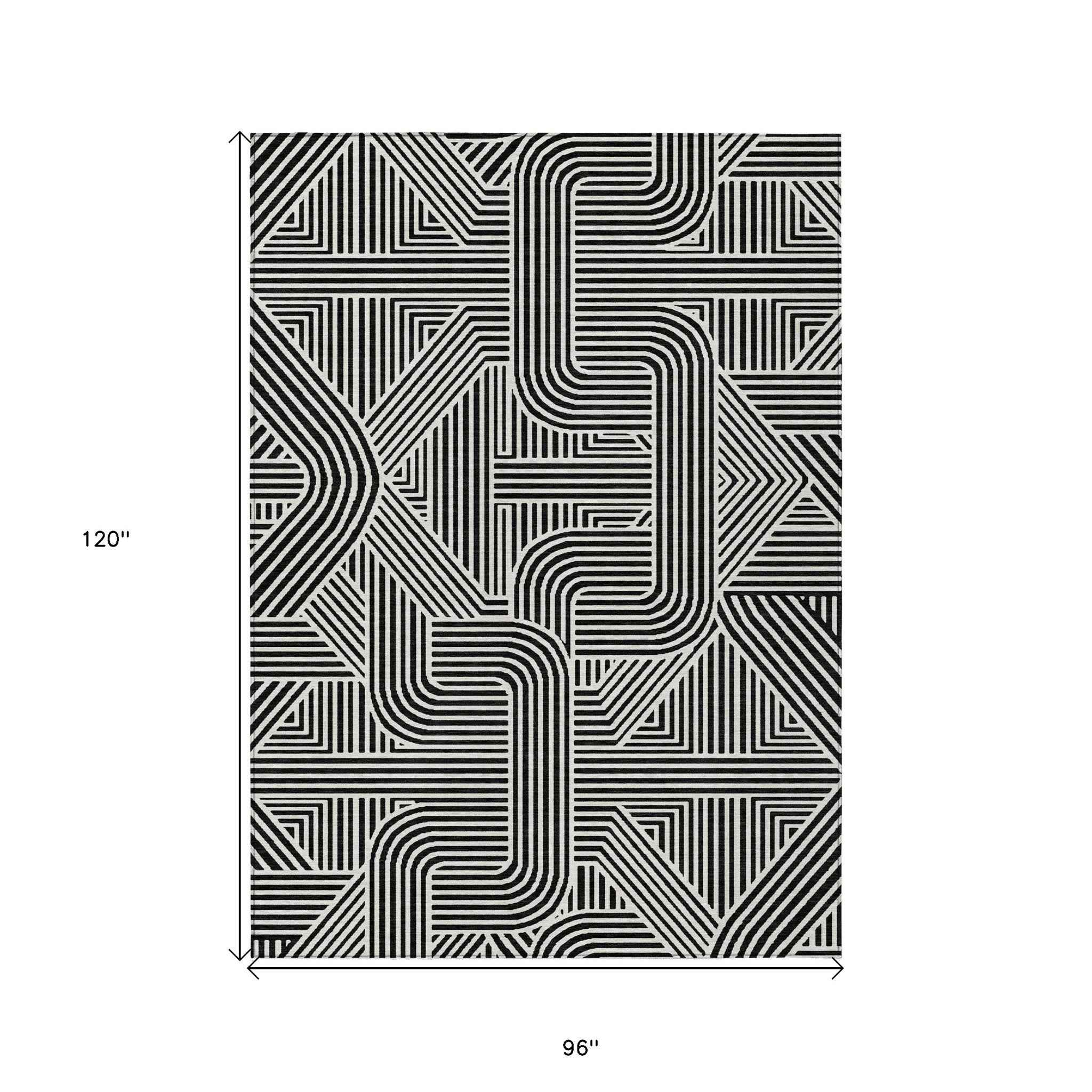 8' X 10' Black And Ivory Abstract Washable Indoor Outdoor Area Rug