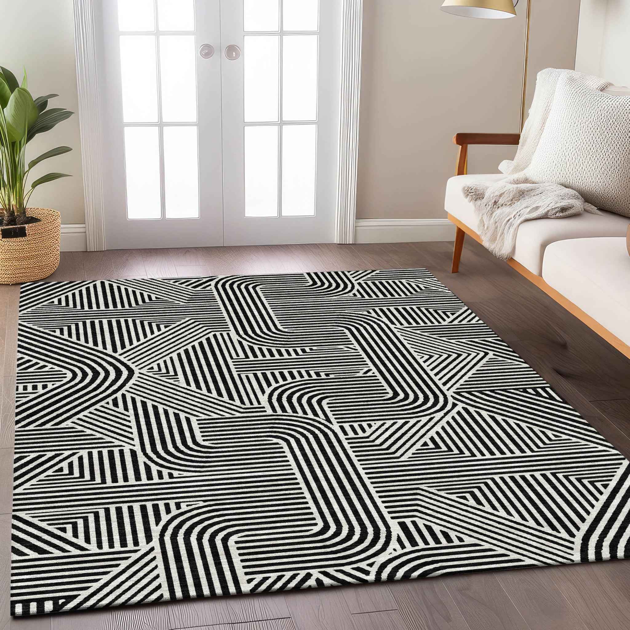 8' X 10' Black And Ivory Abstract Washable Indoor Outdoor Area Rug