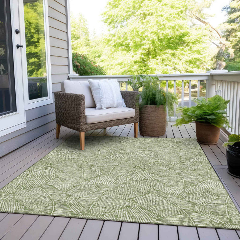 9' X 12' Green And Ivory Floral Washable Indoor Outdoor Area Rug