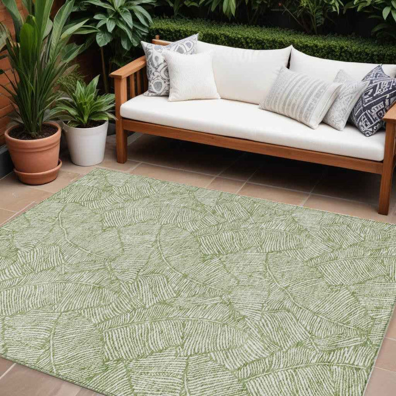 9' X 12' Green And Ivory Floral Washable Indoor Outdoor Area Rug