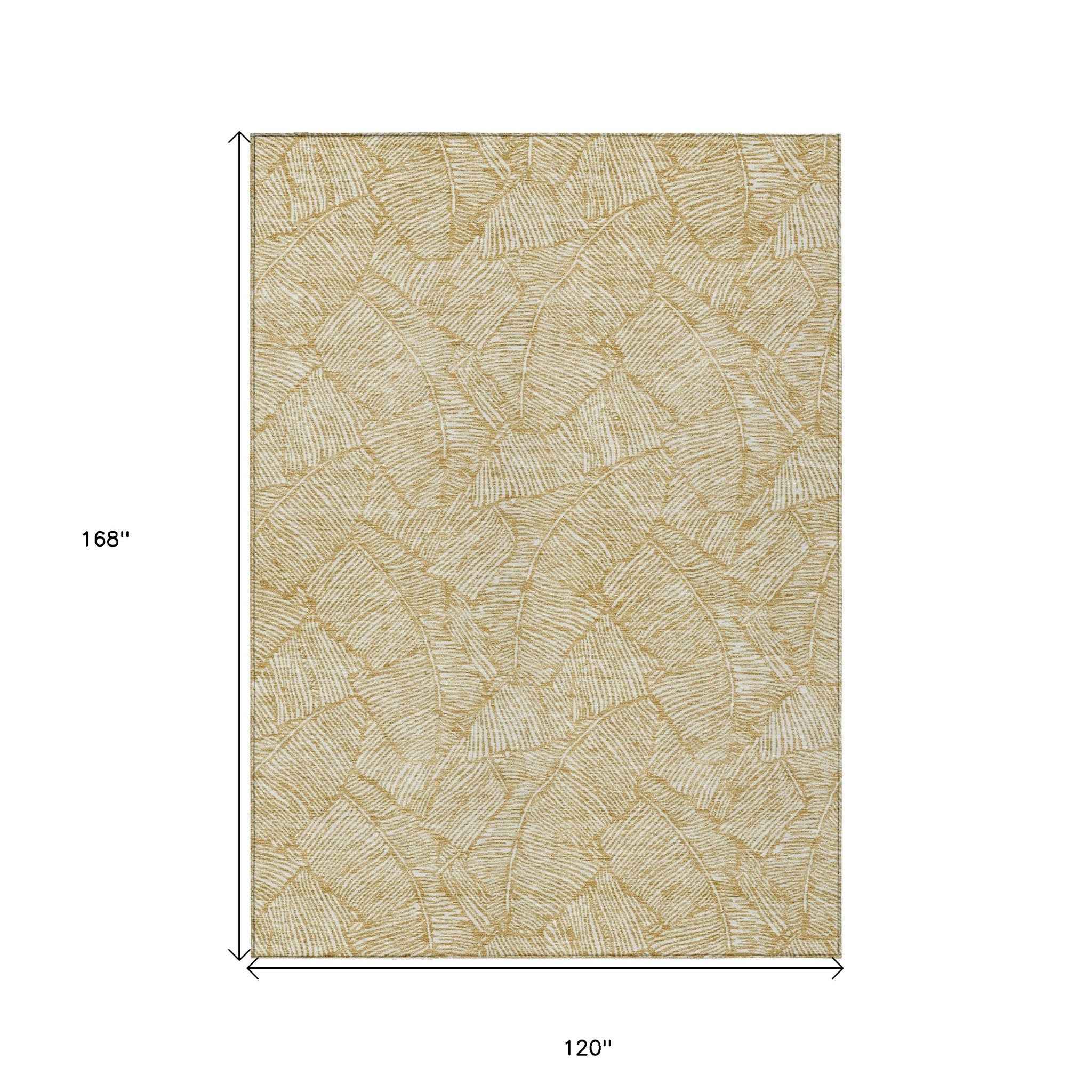 10' X 14' Gold And Beige Floral Washable Indoor Outdoor Area Rug