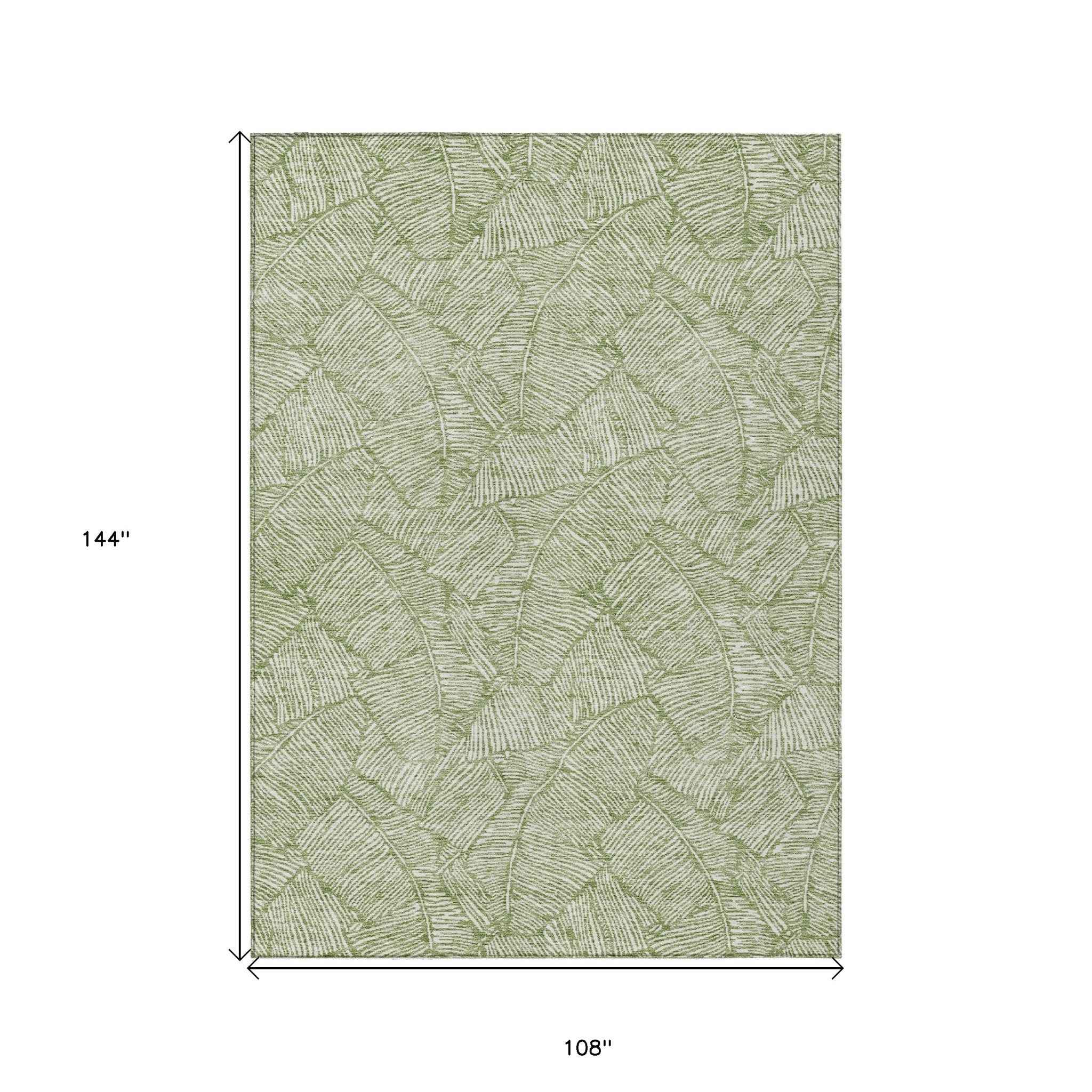 9' X 12' Green And Ivory Floral Washable Indoor Outdoor Area Rug