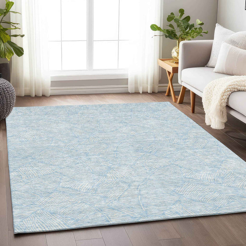 9' X 12' Sky Blue And Ivory Floral Washable Indoor Outdoor Area Rug