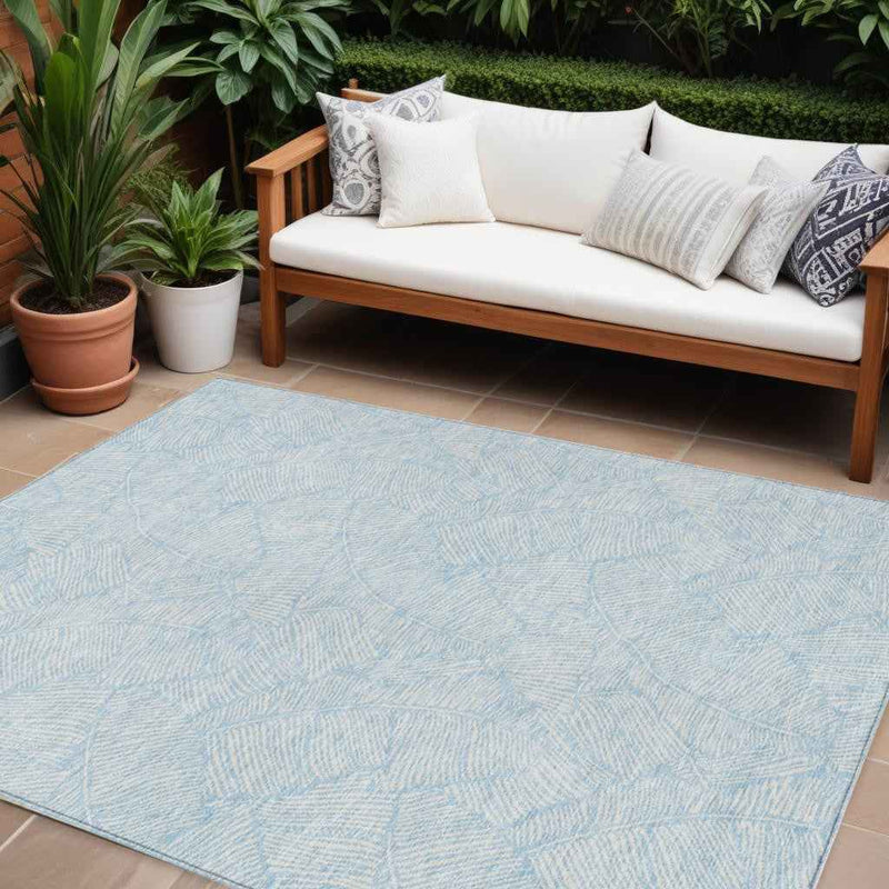9' X 12' Sky Blue And Ivory Floral Washable Indoor Outdoor Area Rug
