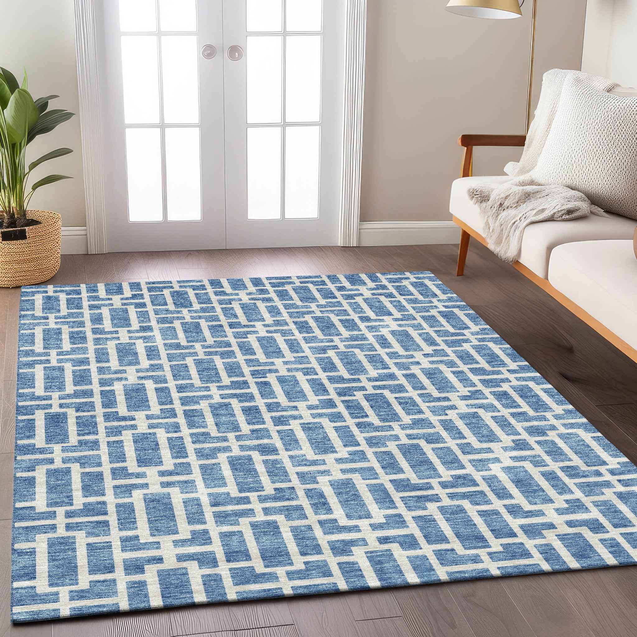 8' X 10' Denim Blue And Ivory Geometric Washable Indoor Outdoor Area Rug